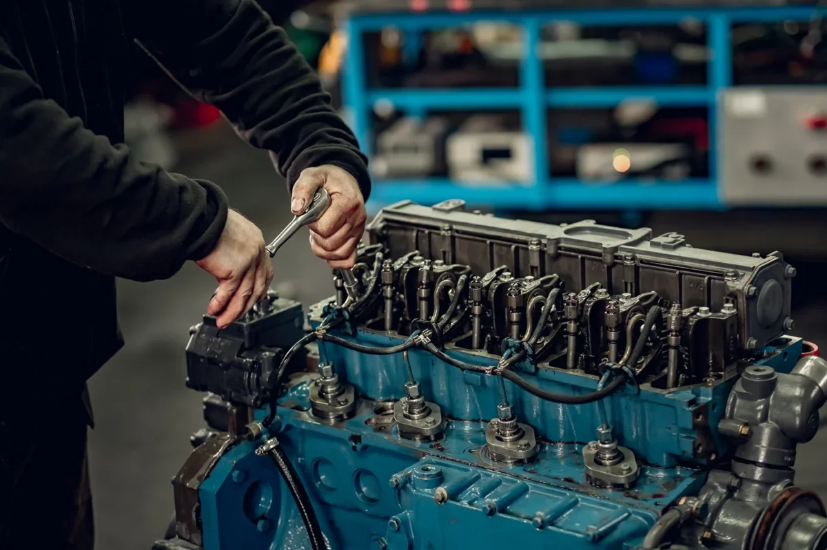 Mechanik dokręca elementy głowicy przy składaniu sześciocylindrowego silnika diesla po remoncie