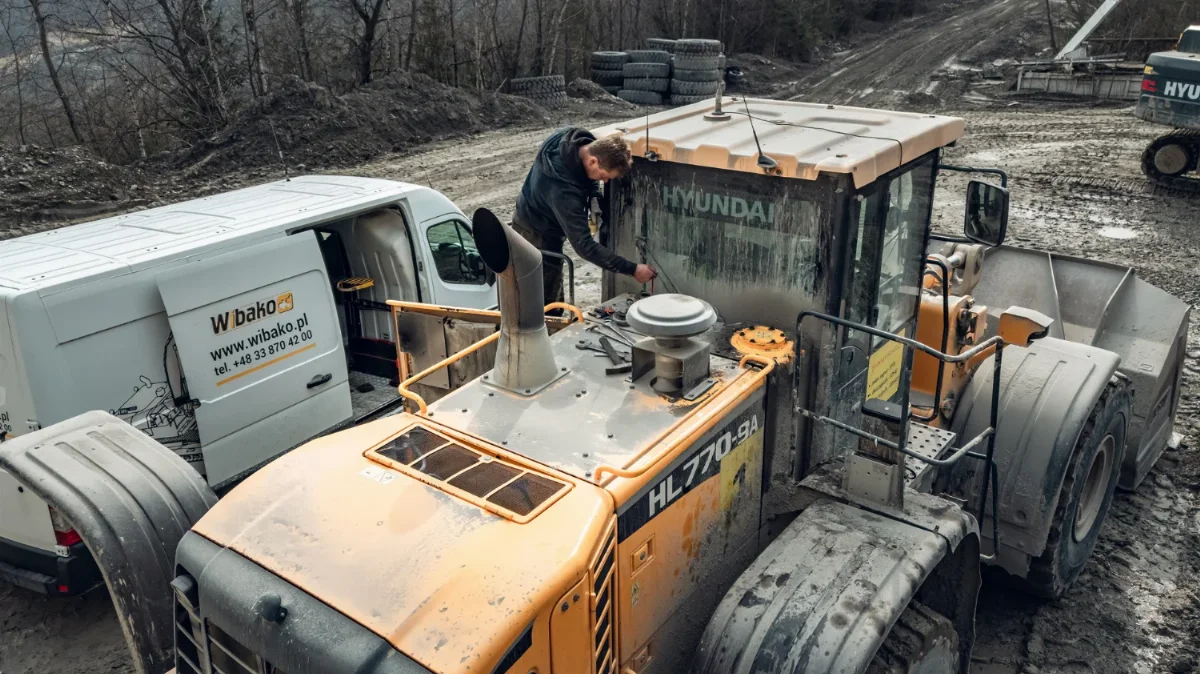 Mechanik pracuje przy otwartej pokrywie ładowarki kołowej Hyundai HL770-9A, obok bus serwisowy WIBAKO